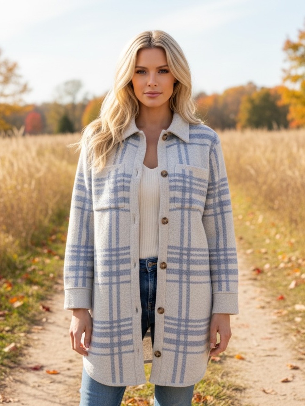 Jessica Simpson Light Blue and Cream Plaid Shacket